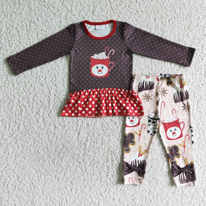 6 A22-5 Milk Dots Print Top Santa Gingerbread Pants Girls Christmas Clothes Set