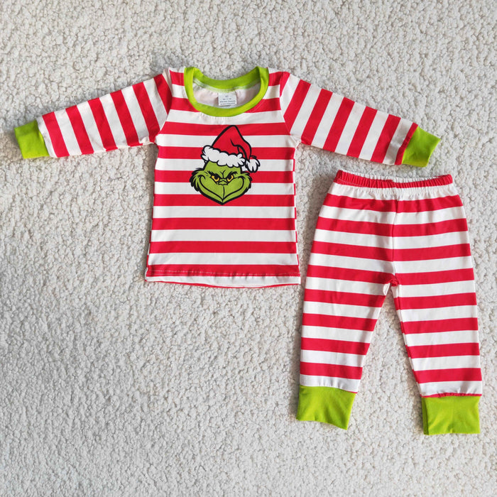 6 B12-28 Green Frog Red Stripes Print Kids Christmas Pajamas Clothes Set