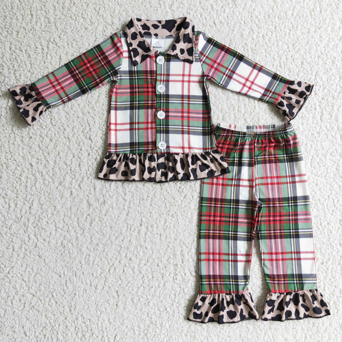 6 B2-4 Checkered Leopard Ruffle Girls Christmas Buttons Pajamas Clothes Set