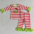 6 B4-2 Green Frog Red Stripes Print Girls Christmas Pajamas Clothes Set