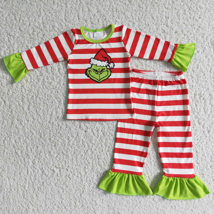 6 B4-2 Green Frog Red Stripes Print Girls Christmas Pajamas Clothes Set