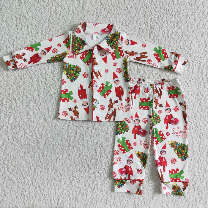 6 B4-39 Cartoon Shelf Print Kids Christmas Buttons Pajamas Clothes Set