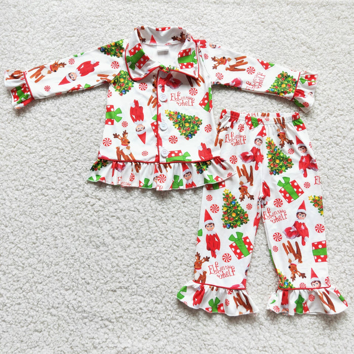 6 C8-38 Cartoon Shelf Print Girls Christmas Buttons Pajamas Clothes Set