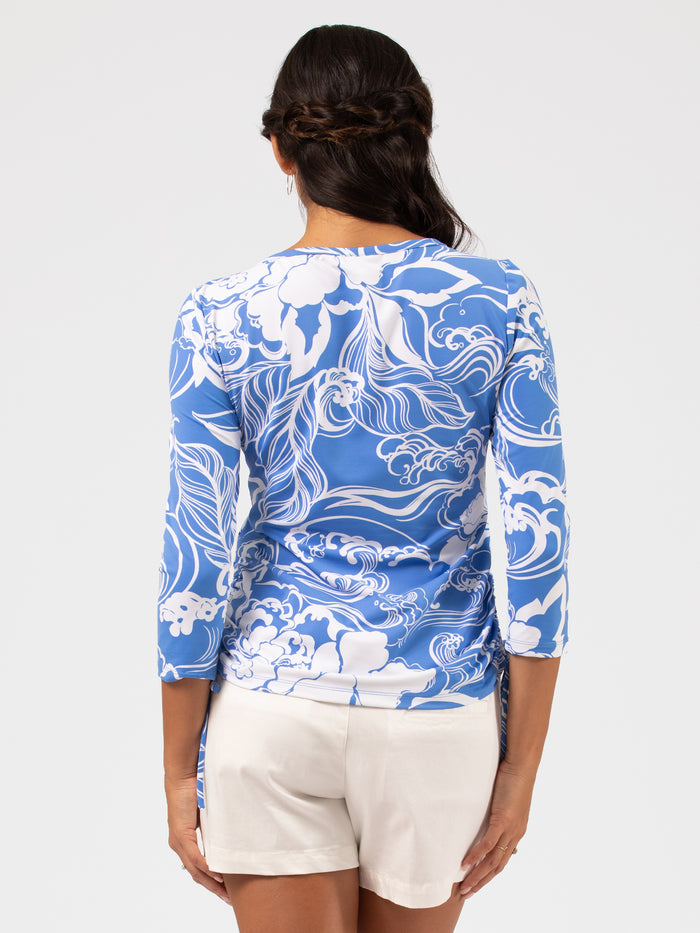 Light blue sleeveless top and cream shorts, back view.