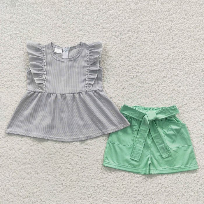 A9-22 Gray stripes woven cotton zipper top girls summer clothes set