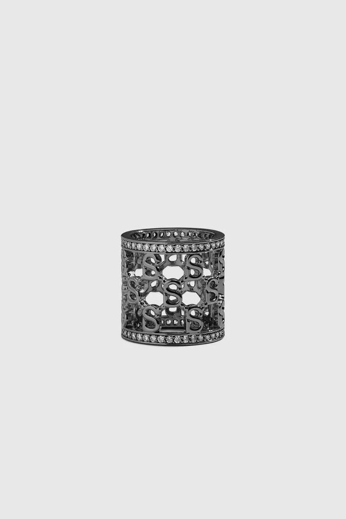 adara ring brooch in hematite by buttonscarves front view