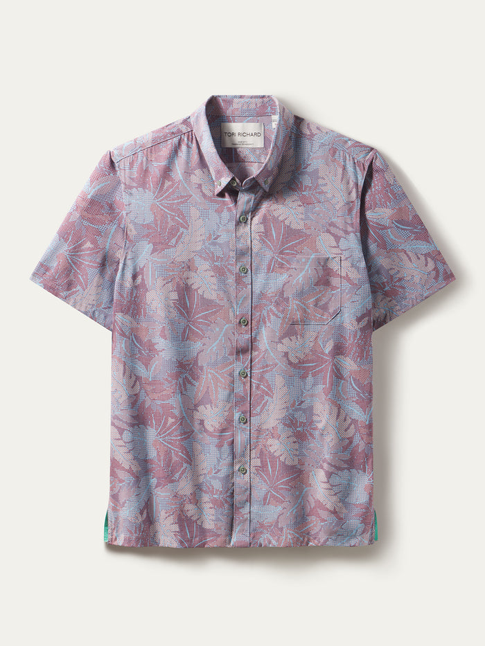 Pink and blue leaf-print short-sleeve button-up shirt, wrinkle-resistant, front view.