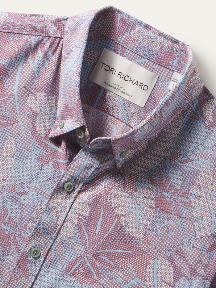 Blue and pink floral-print short-sleeve shirt, close-up with visible Tori Richard label.
