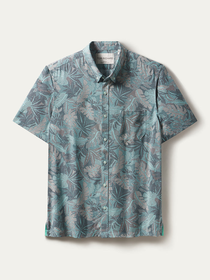 Navy Green and gray palm tree leaf-print short-sleeve shirt, front view on white background.