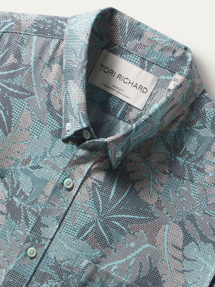 Navy Green and gray palm tree leaf-print short-sleeve shirt button-up shirt with subtle tropical leaf print, front view.
