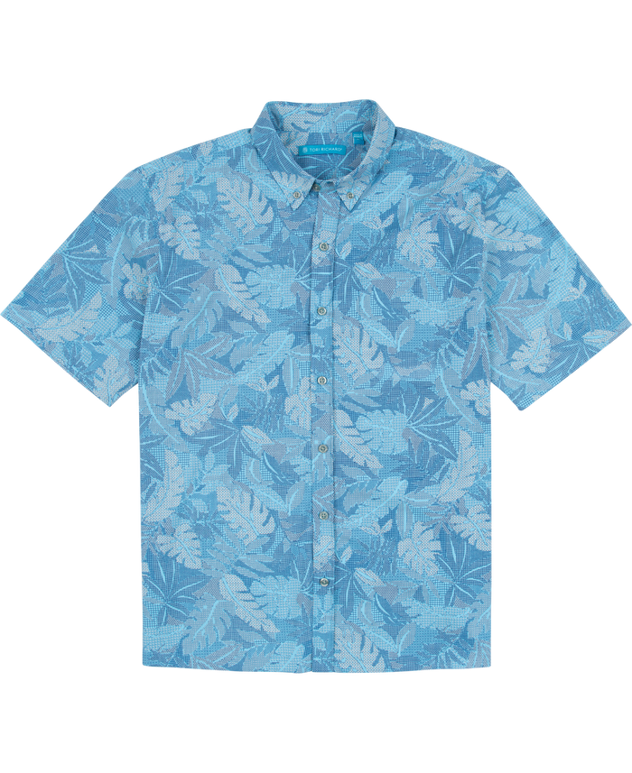 Blue leaf-print collared shirt with UPF sun protection, front view.