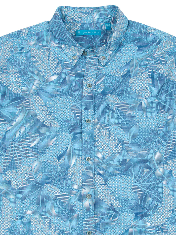 Blue leaf-print collared shirt with UPF sun protection, front view.