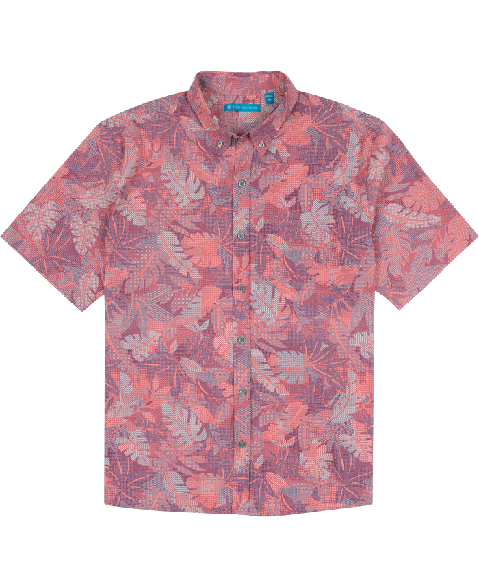 Pink and purple tropical-leaf print shirt with blue label, wrinkle-resistant fabric, front view.