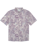 Purple and white floral-print short-sleeve shirt with UPF sun protection, front view.