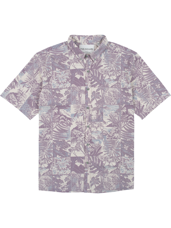 Purple and white floral-print short-sleeve shirt with UPF sun protection, front view.