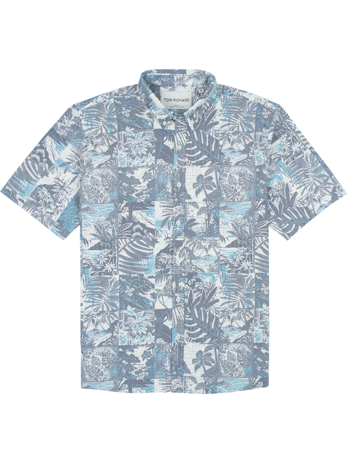 Blue, gray, and white tropical leaf-print short-sleeve shirt, front view.