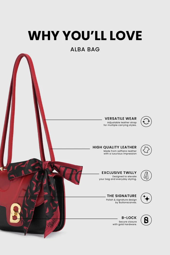 alba bag special edition shoulder bag in black/red by buttonscarves x the devil wears prada 2 feature overview