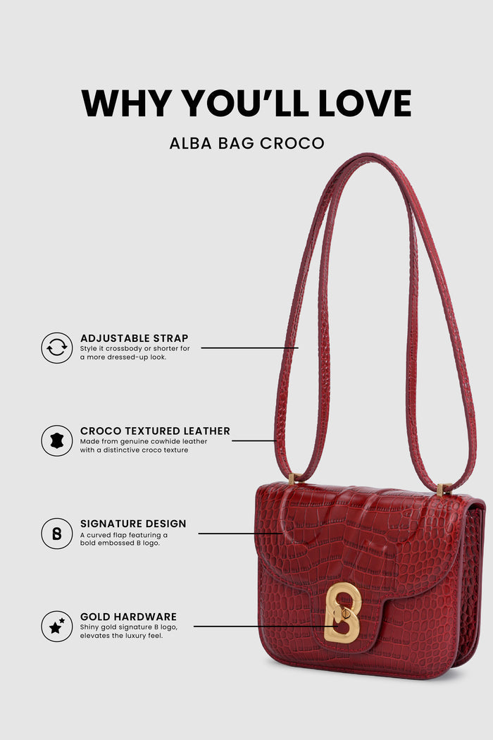 alba bag croco in crimson red by buttonscarves feature overview