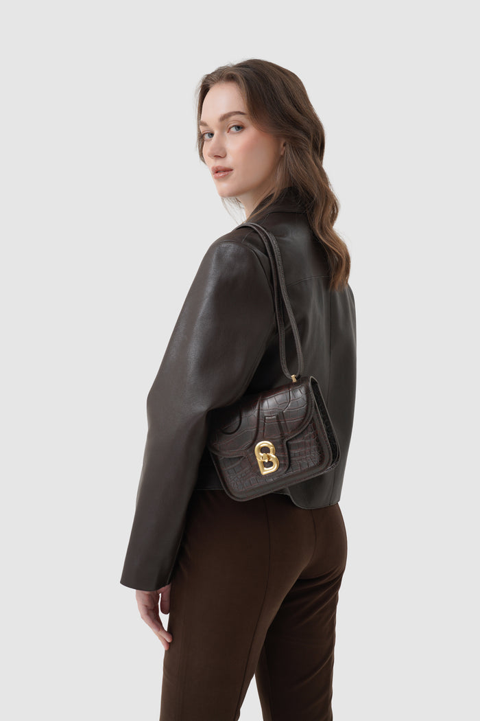 alba bag croco in dark chocolate by buttonscarves worn as shoulder bag
