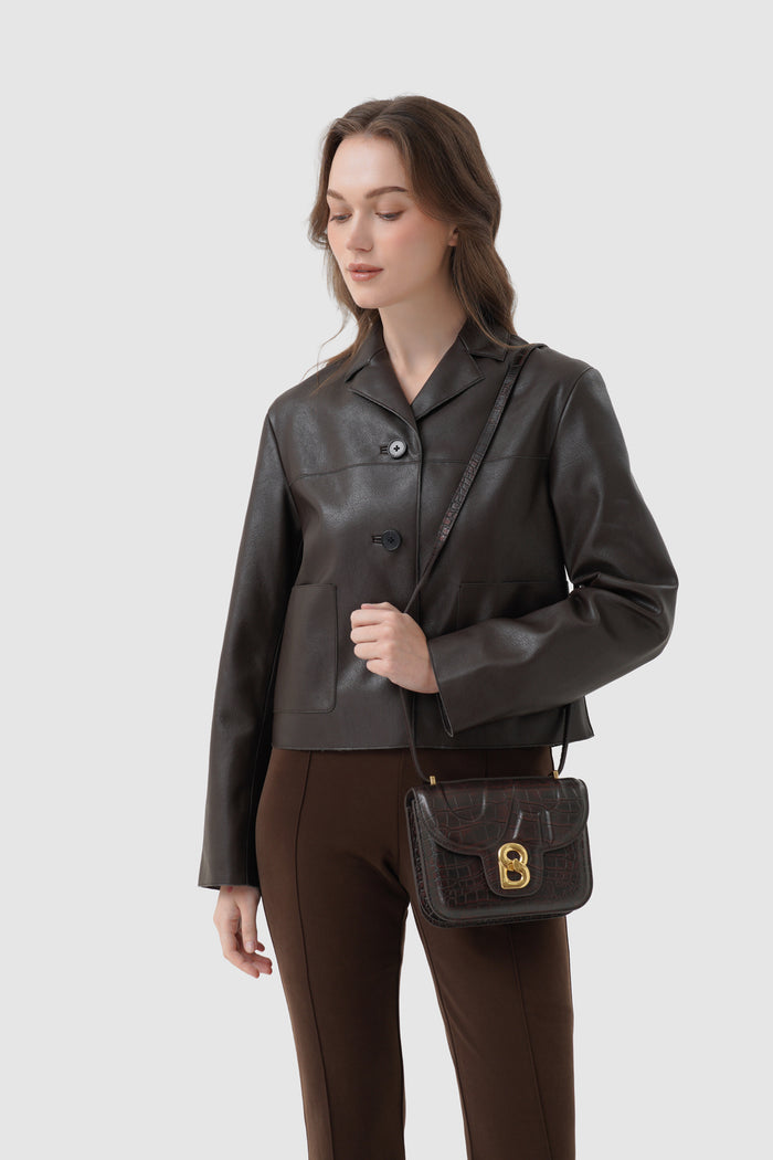 alba bag croco in dark chocolate by buttonscarves worn as sling bag