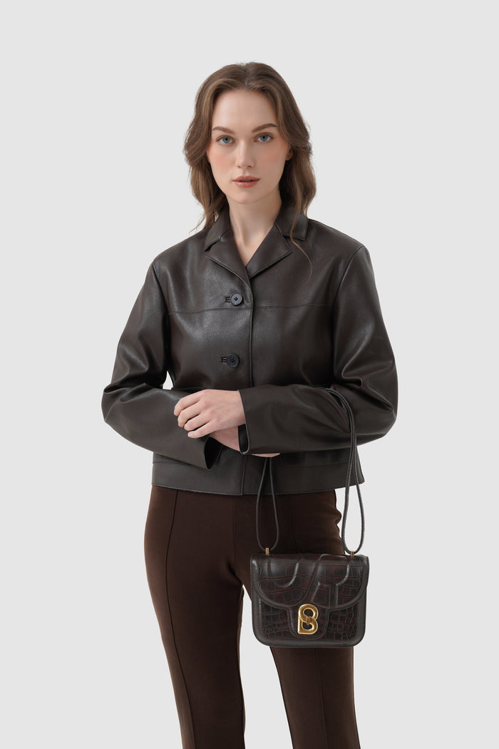 alba bag croco in dark chocolate by buttonscarves carried on wrist