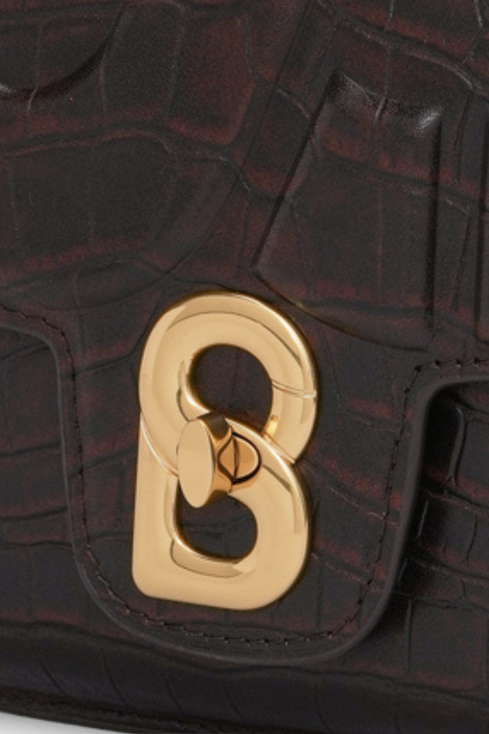 alba bag croco in dark chocolate by buttonscarves signature b twist lock detail