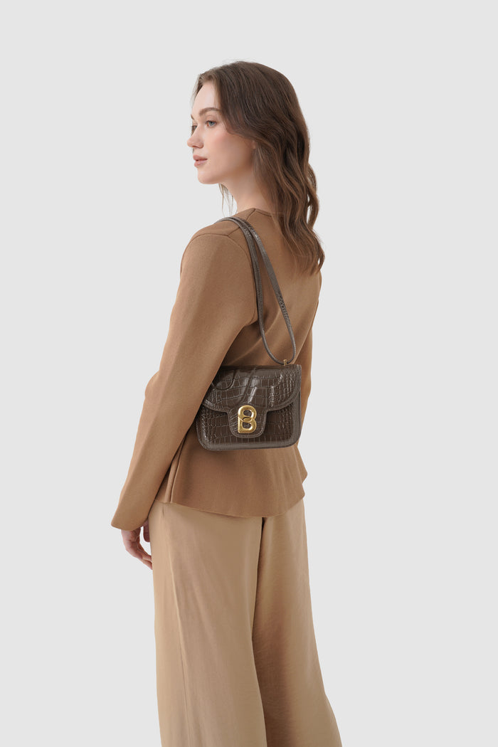 alba bag croco in dark mocha by buttonscarves worn as shoulder bag