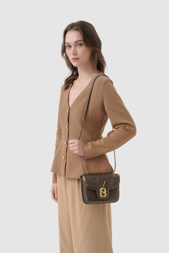 alba bag croco in dark mocha by buttonscarves worn as sling bag