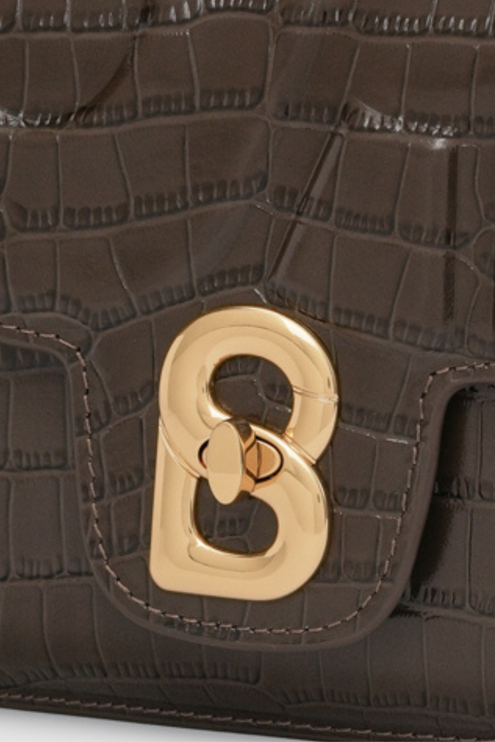 alba bag croco in dark mocha by buttonscarves signature b twist lock detail