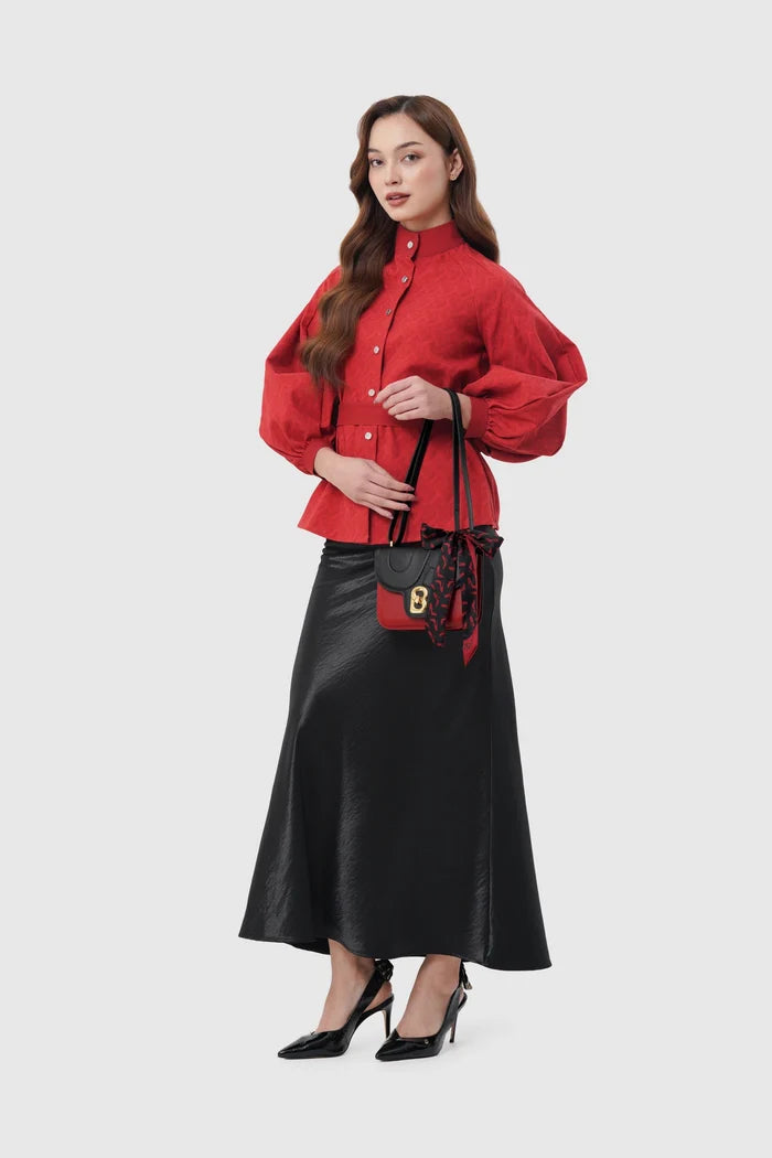 alba bag special edition shoulder bag in red/black by buttonscarves x the devil wears prada 2 carried on wrist