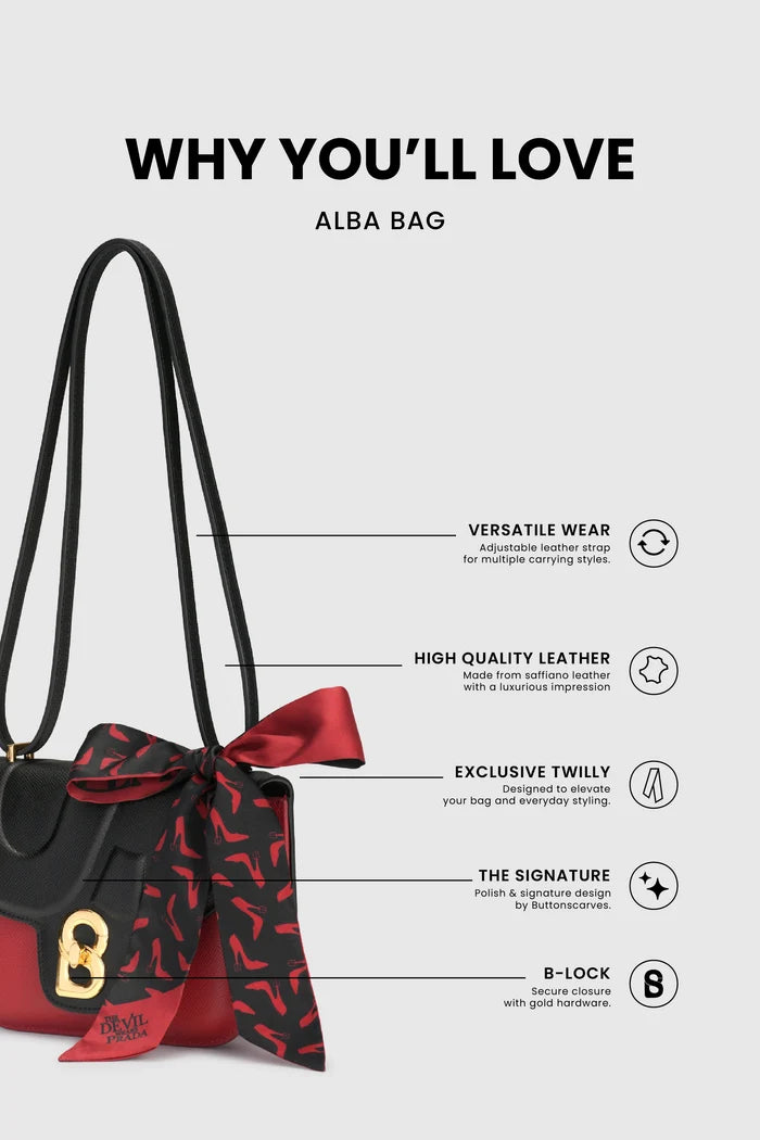 alba bag special edition shoulder bag in red/black by buttonscarves x the devil wears prada 2 feature overview