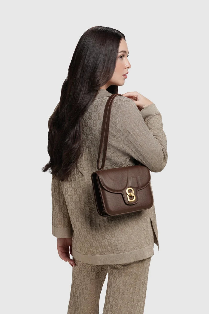 alba bag medium in dark cocoa by buttonscarves worn on shoulder