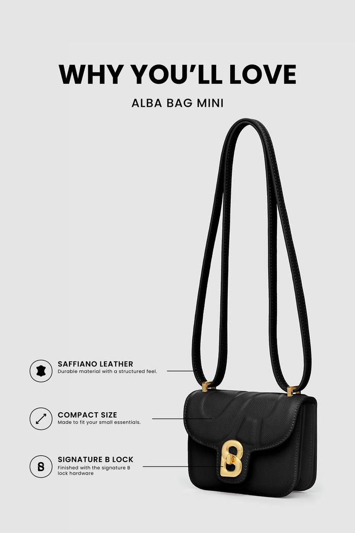 alba bag mini black saffiano leather compact bag with signature b lock