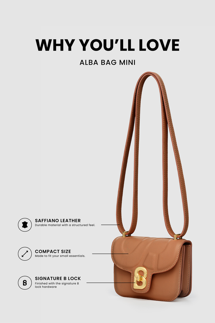 alba bag mini caramel saffiano leather compact bag with signature b lock