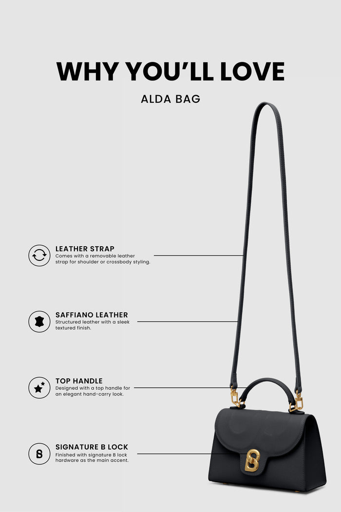 alda bag black product features including leather strap, saffiano leather, top handle, and signature b lock