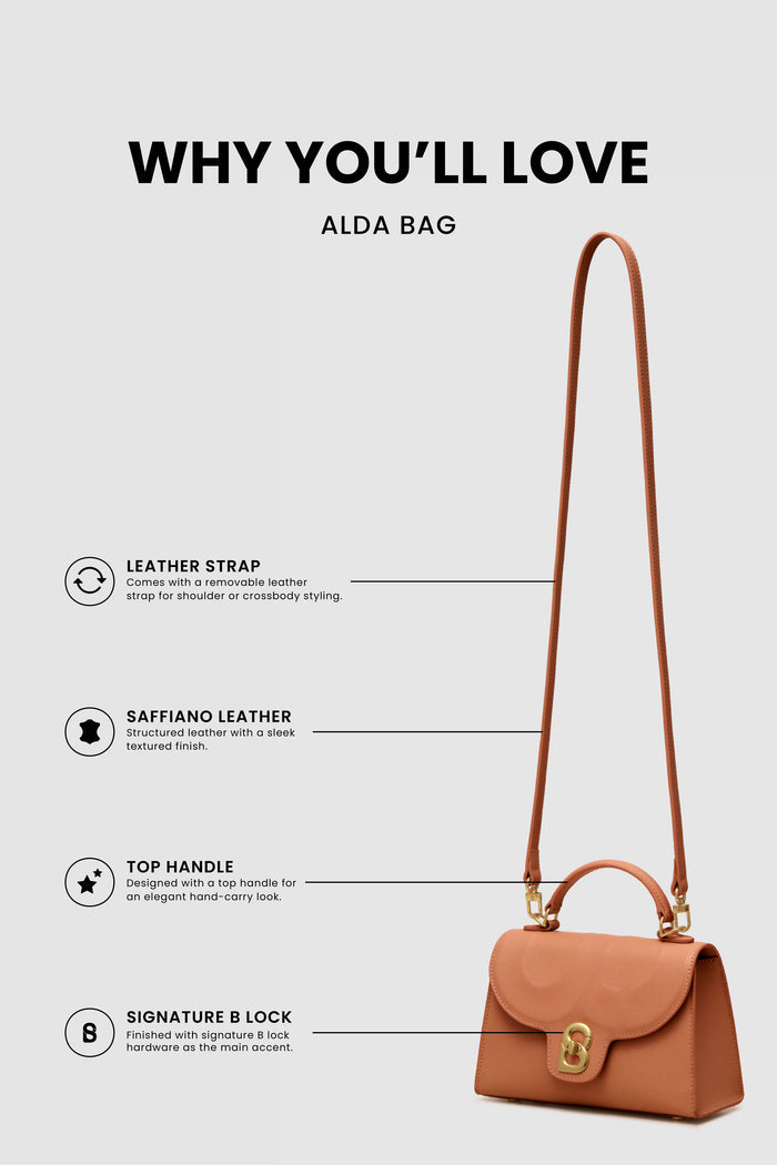 alda bag cognac product features including leather strap, saffiano leather, top handle, and signature b lock