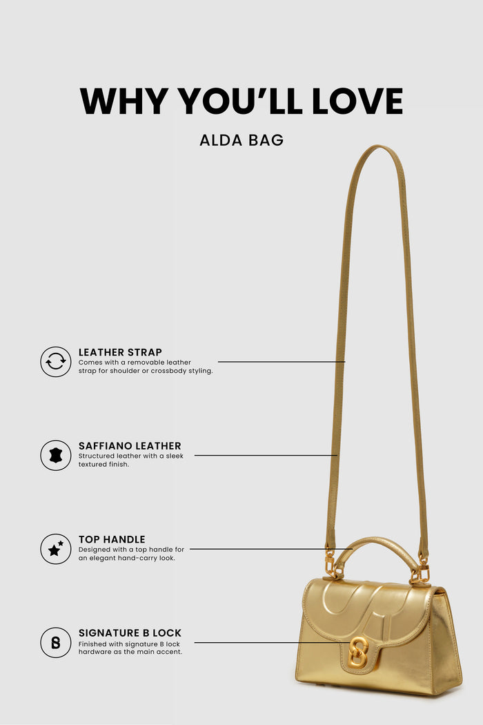 alda bag gold product features including leather strap, saffiano leather, top handle, and signature b lock