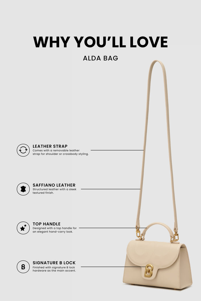 alda bag ivory sand product features including leather strap, saffiano leather, top handle, and signature b lock