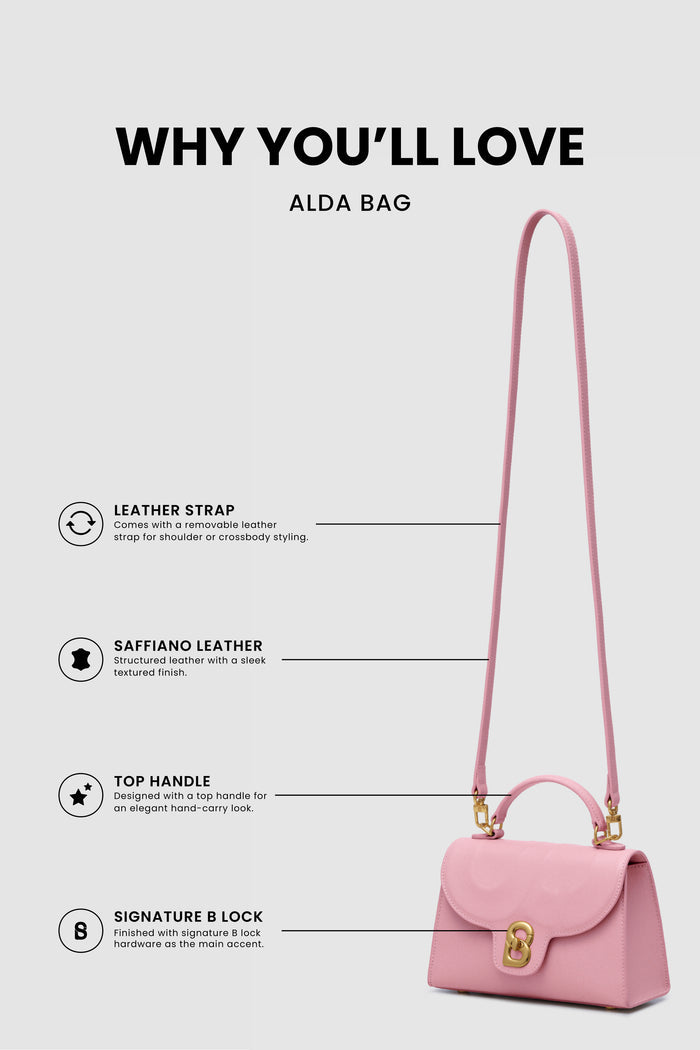 alda bag pink product features including leather strap, saffiano leather, top handle, and signature b lock