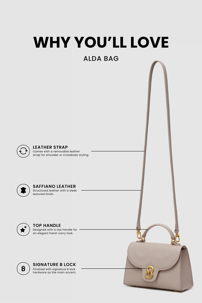 alda bag taupe product features including leather strap, saffiano leather, top handle, and signature b lock