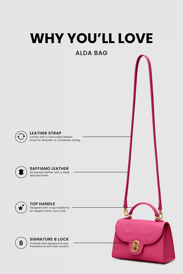 alda bag viva magenta product features including leather strap, saffiano leather, top handle, and signature b lock
