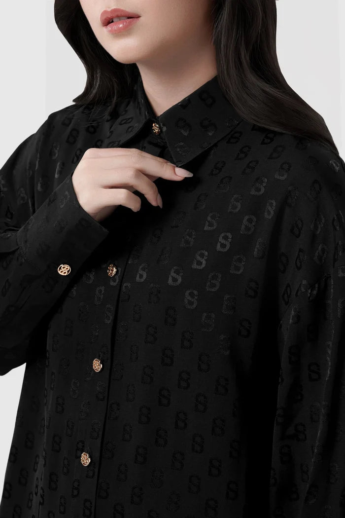 aleena shirt in black by buttonscarves monogram pattern detail