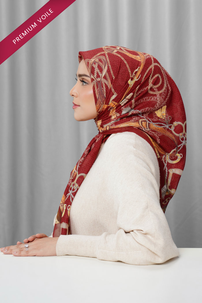 alexandra printed square scarf in crimson by buttonscarves side view