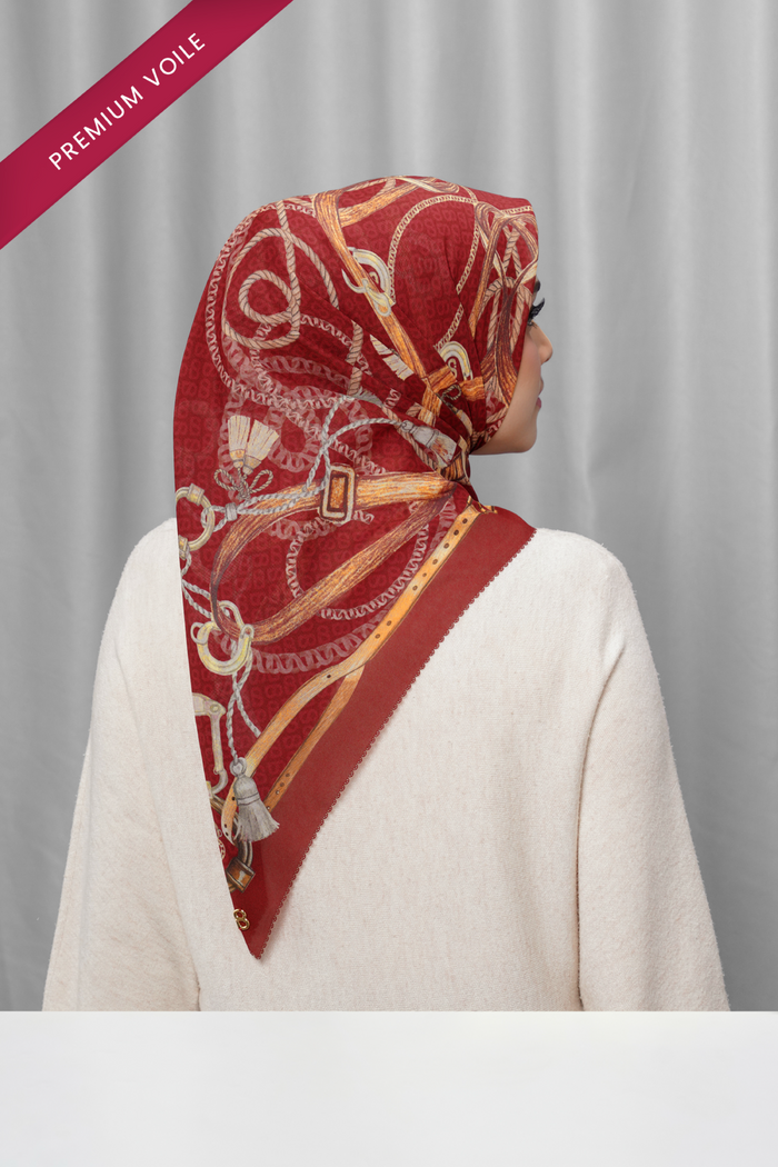 alexandra printed square scarf in crimson by buttonscarves back view