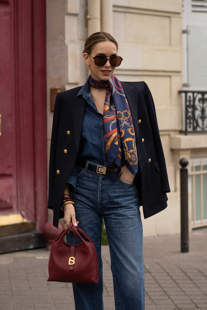 alexandra printed square scarf in imperial by buttonscarves style look