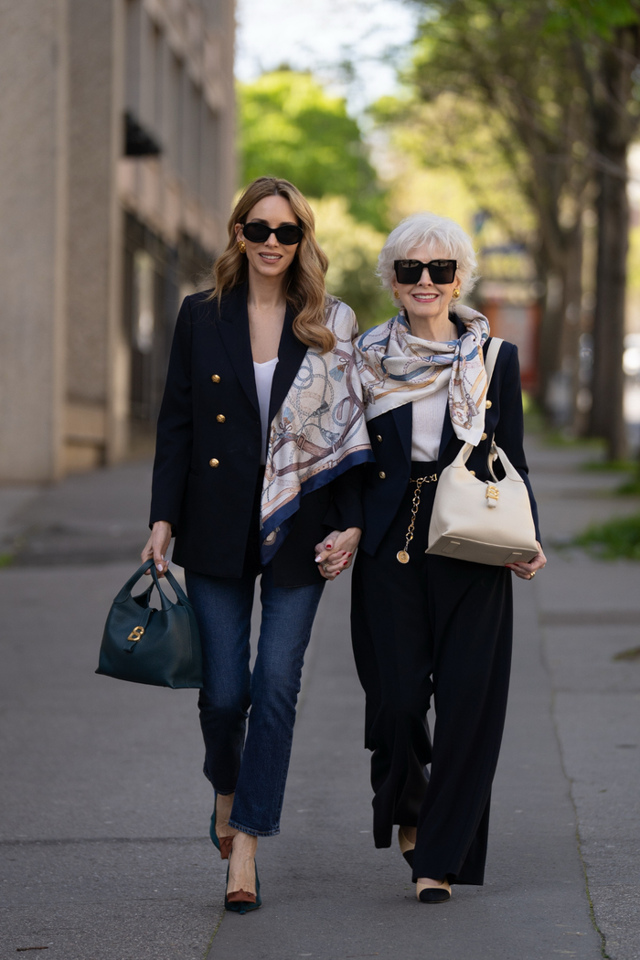 alexandra printed square scarf in marine by buttonscarves style look