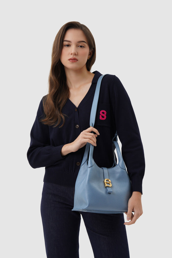 alexandra shoulder bag in blue fairy by buttonscarves carried on shoulder