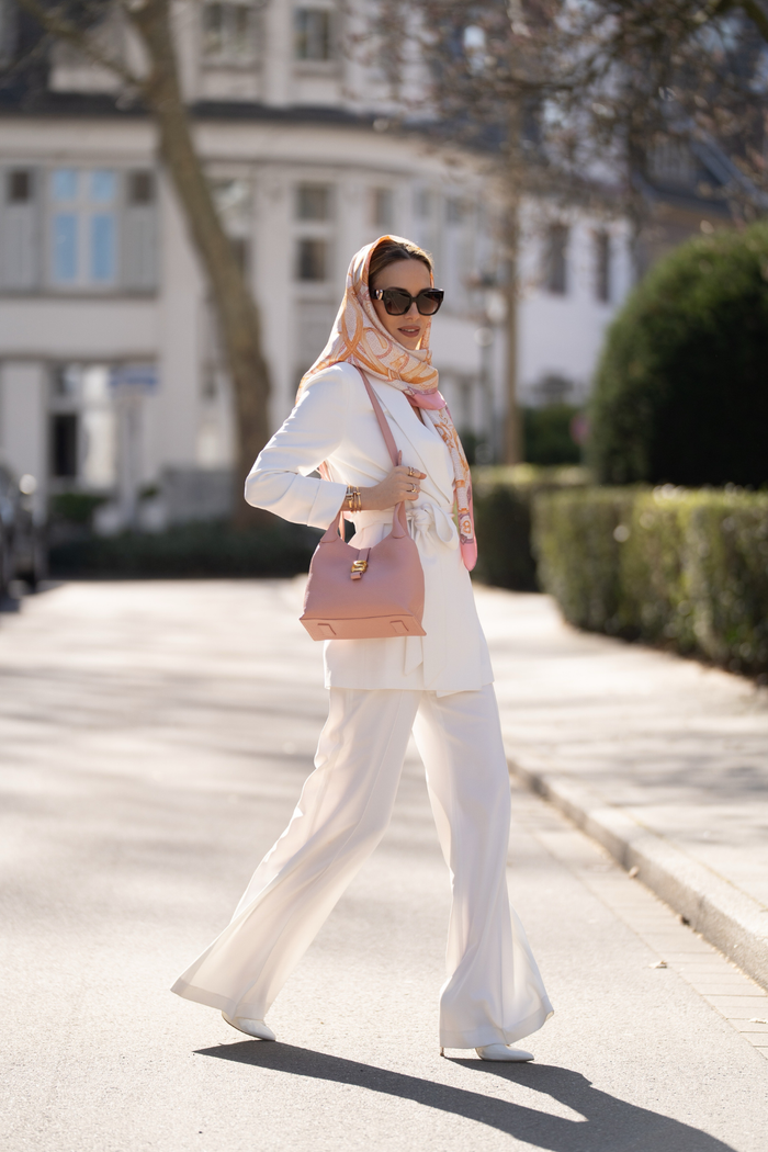alexandra shoulder bag in blush by buttonscarves style look
