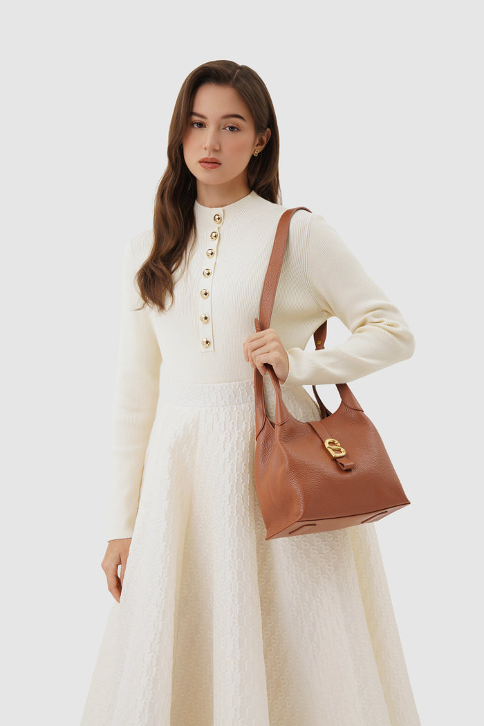 alexandra shoulder bag in caramel by buttonscarves carried on shoulder