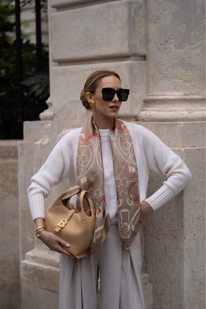 alexandra shoulder bag in champagne by buttonscarves style look